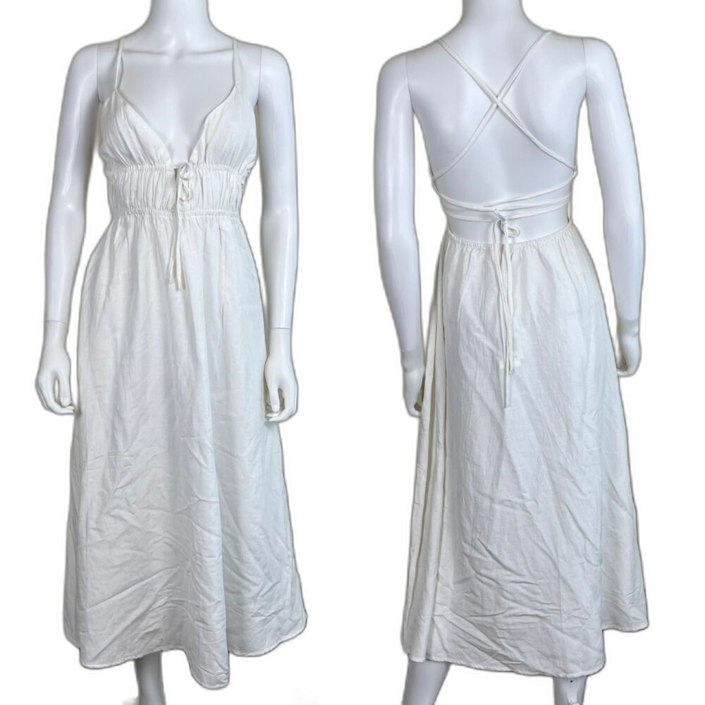 L*SPACE Women's Size M Cream Playa Vista Cotton Linen Midi Dress NEW Resortwear